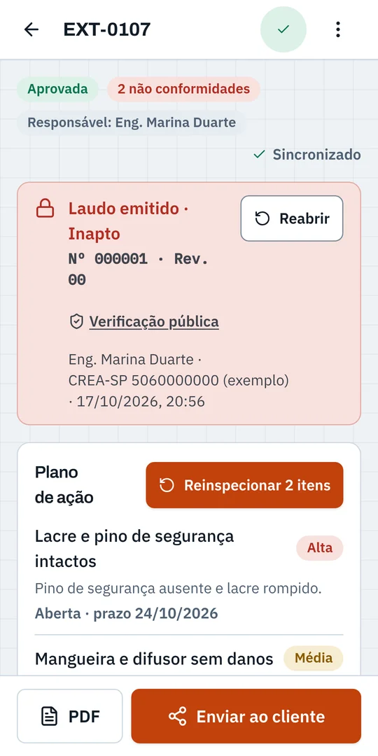 Vistoria aprovada com laudo número 000001, resultado Inapto, verificação pública e plano de ação com duas não conformidades
